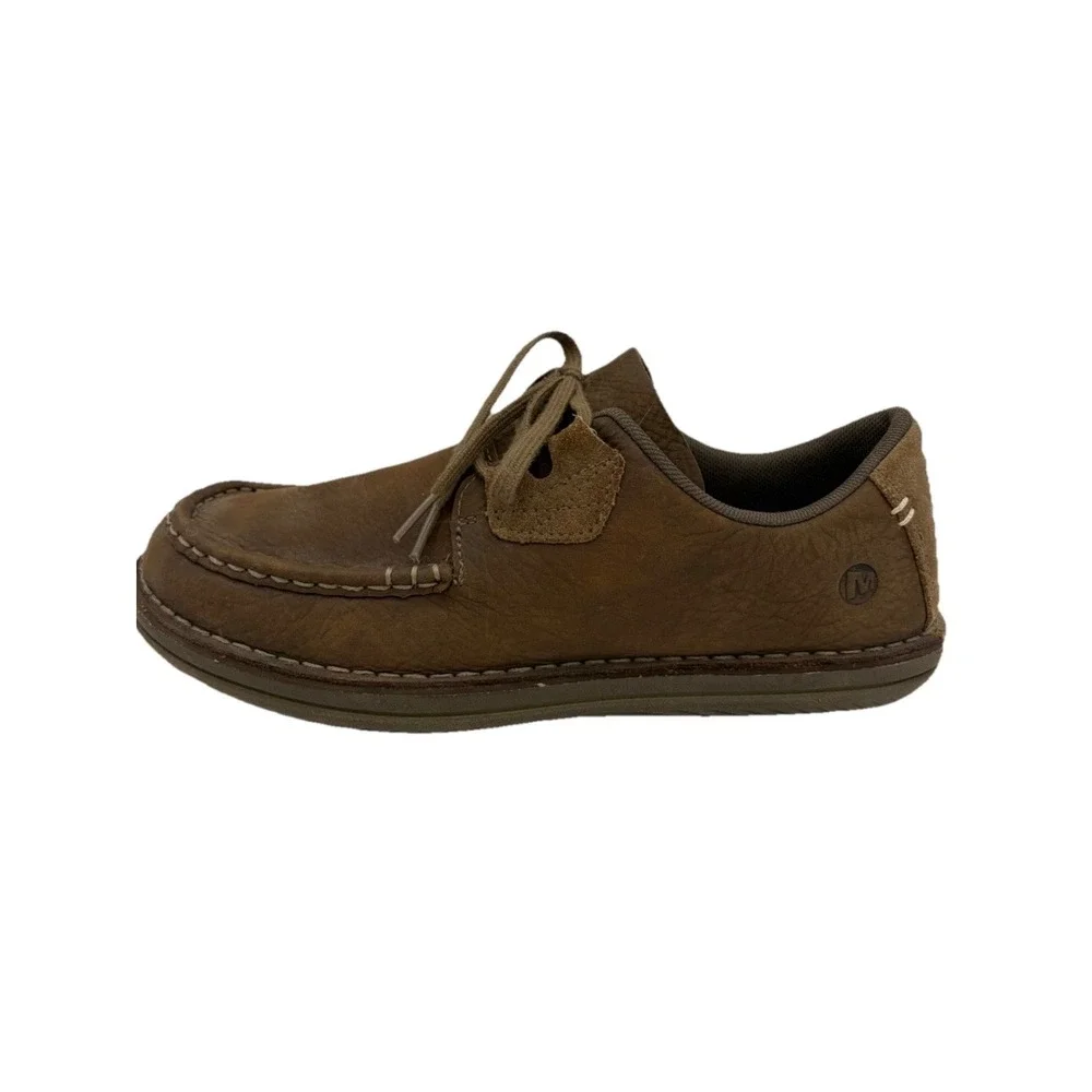 Merrell Bask Lace Shoes Moss Men 9‎ Moc Toe Brown Leather Comfort Lace Up J21981